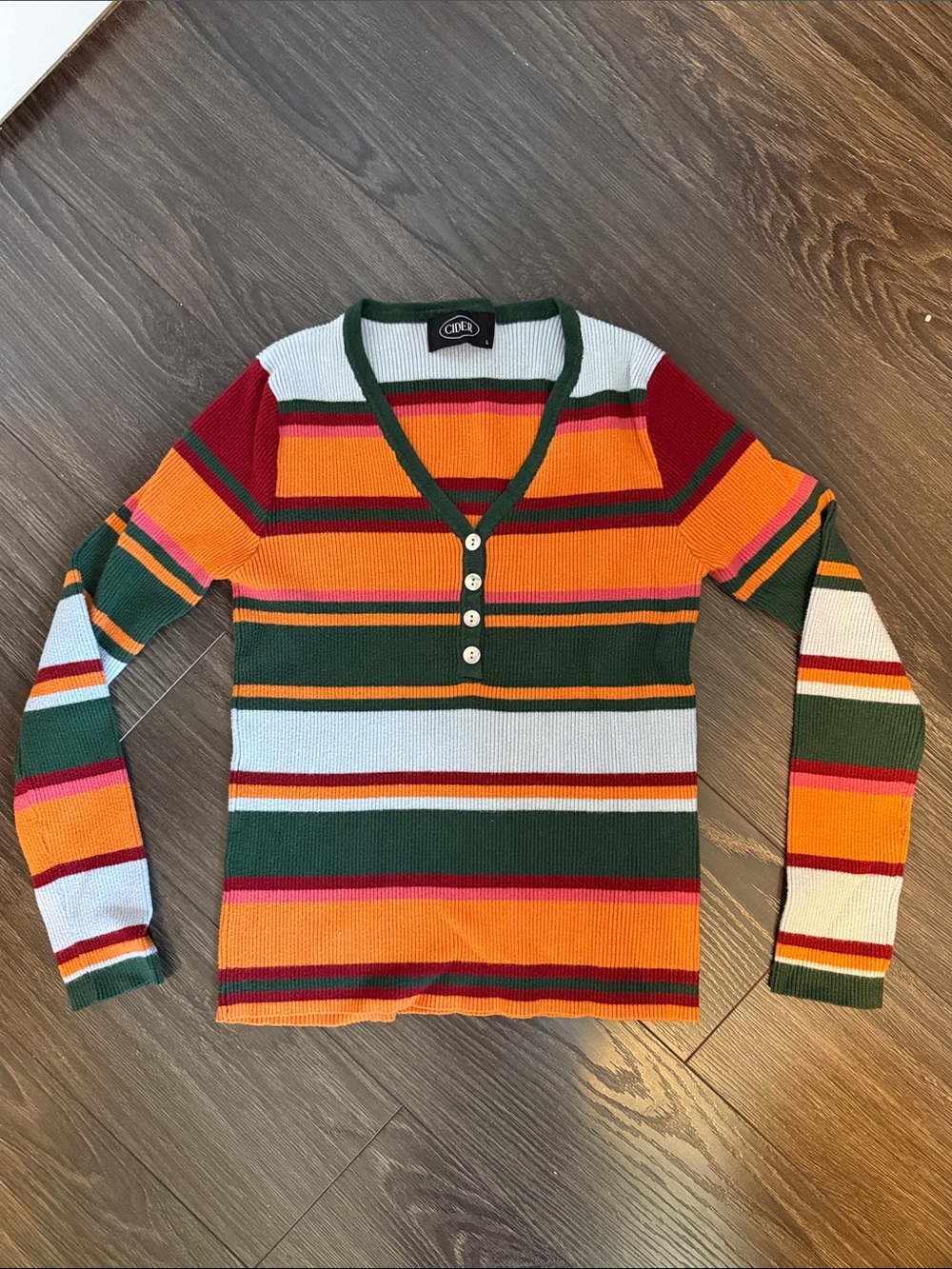 Cider Multicolor Striped V‑Neck Button Sweater